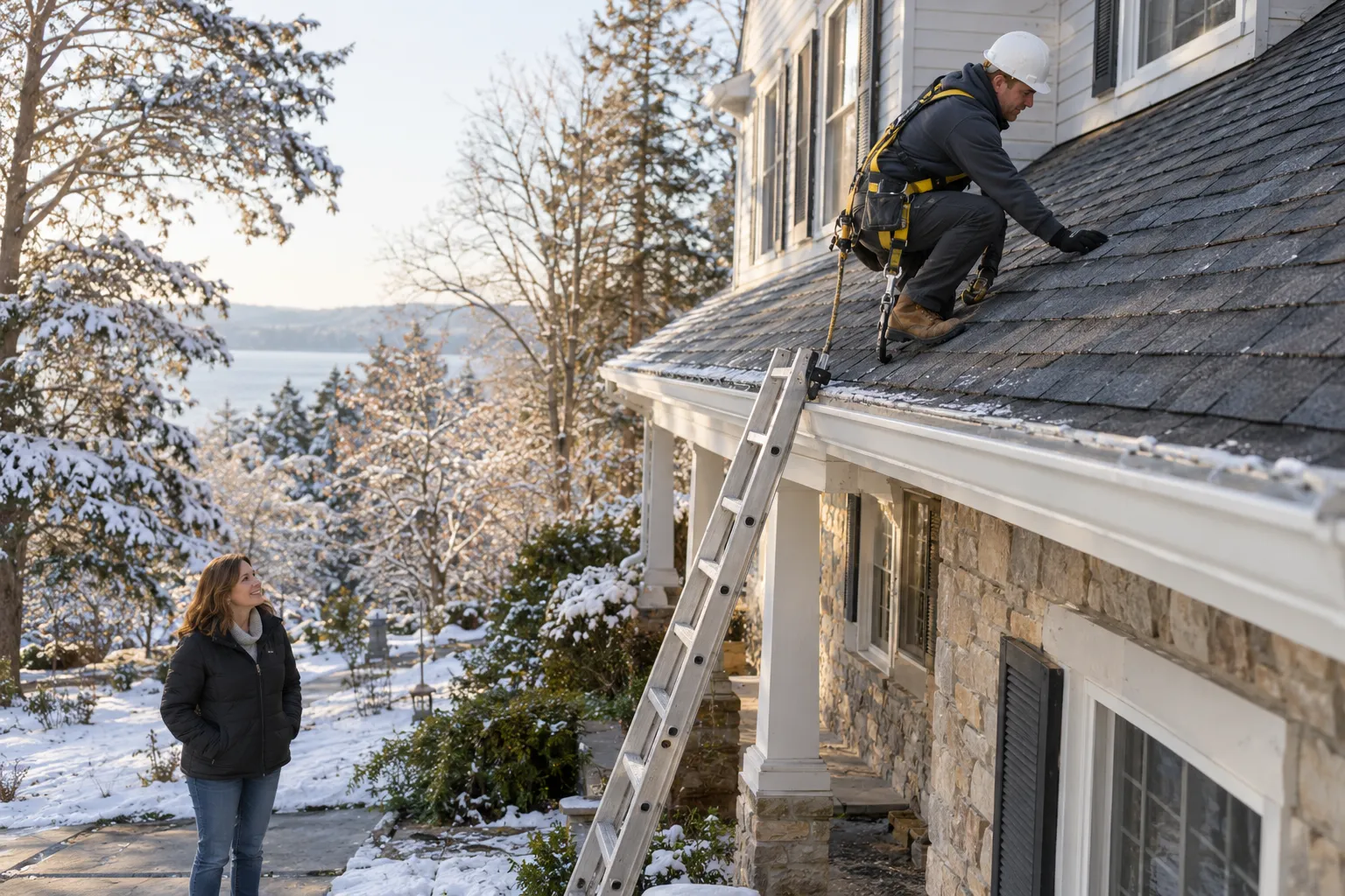 Roofing provider inspecting a shingle roof on a house in Middletown