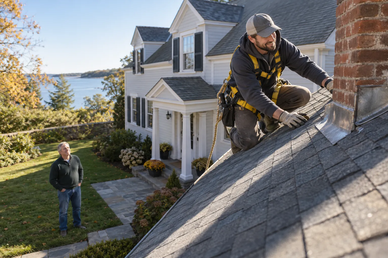 Friendly roofing provider checking shingles and flashing on a home roof in Middletown